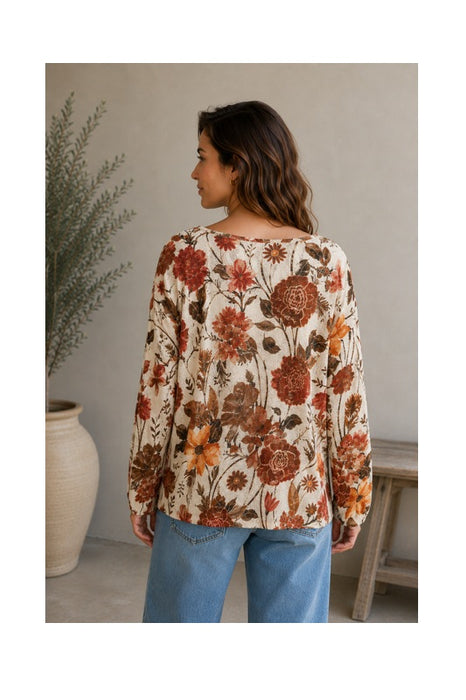 Pullover Polyester/Viskose beige mit Herbst Blumen Print braun/orange/rot - One Size