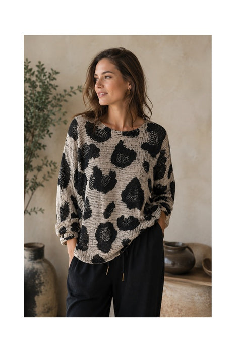 Pullover Polyester/Viskose grau Leoparden Print grau/schwarz- One Size