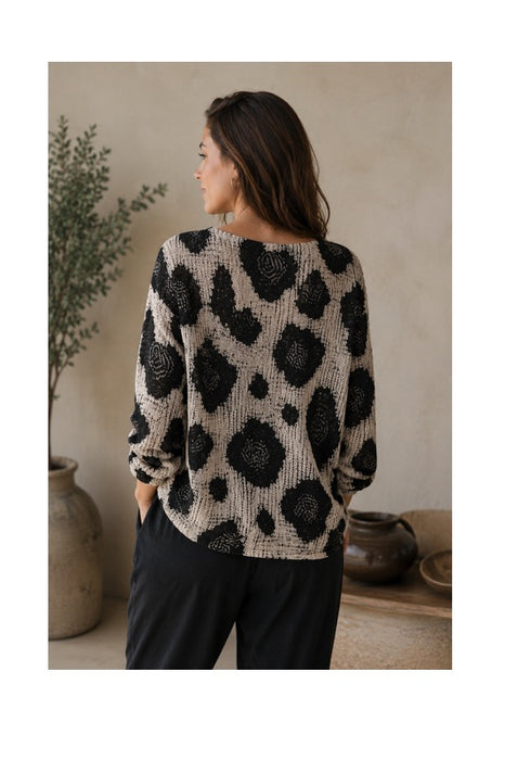 Pullover Polyester/Viskose grau Leoparden Print grau/schwarz- One Size