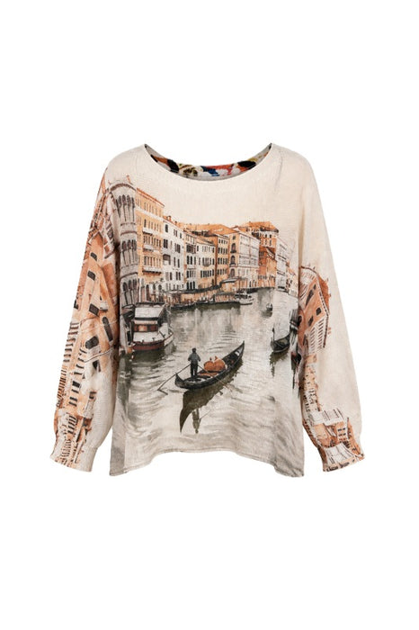 Pullover Polyester/Viskose beige mit  Print von Venedig multicolor - One Size