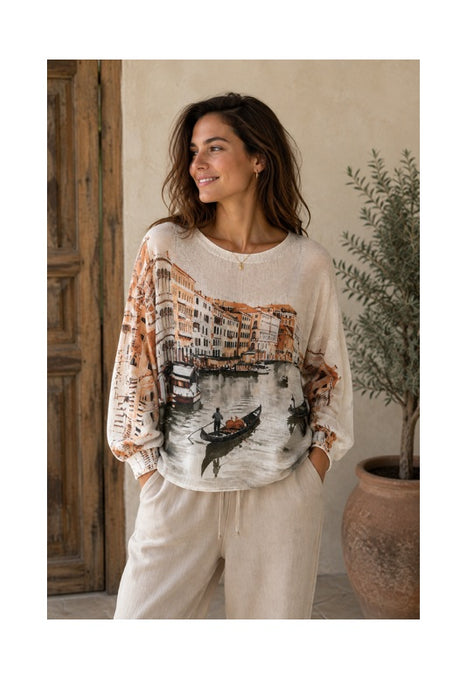 Pullover Polyester/Viskose beige mit  Print von Venedig multicolor - One Size