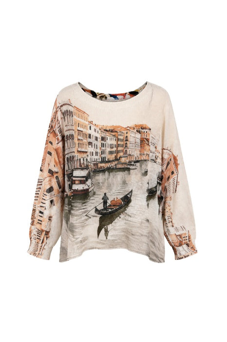 Pullover Polyester/Viskose beige mit  Print von Venedig multicolor - One Size