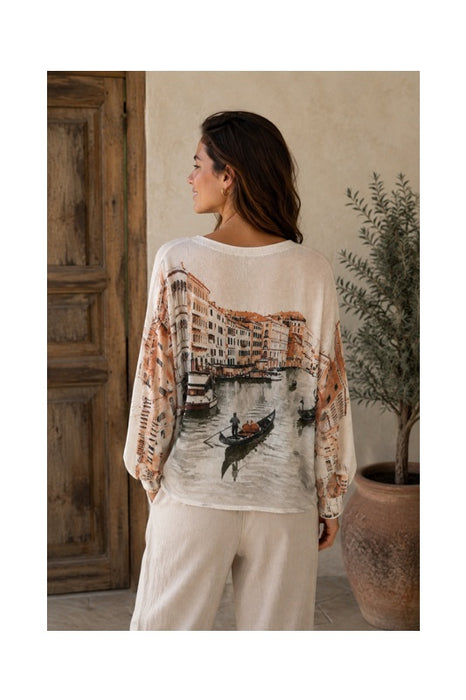 Pullover Polyester/Viskose beige mit  Print von Venedig multicolor - One Size