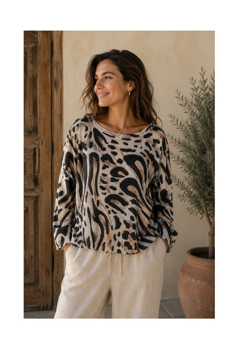 Pullover Polyester/Viskose beige mit Leoparden Print braun - One Size