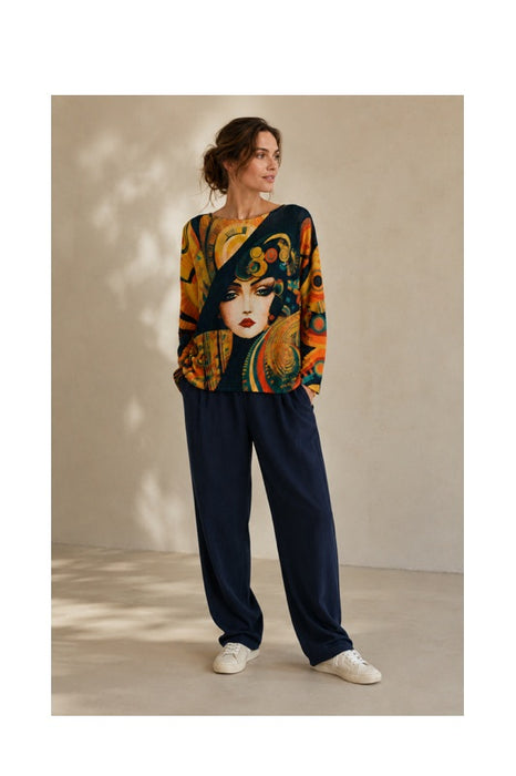 Pullover Polyester/Viskose Print Frau mit Hut multicolor - One Size