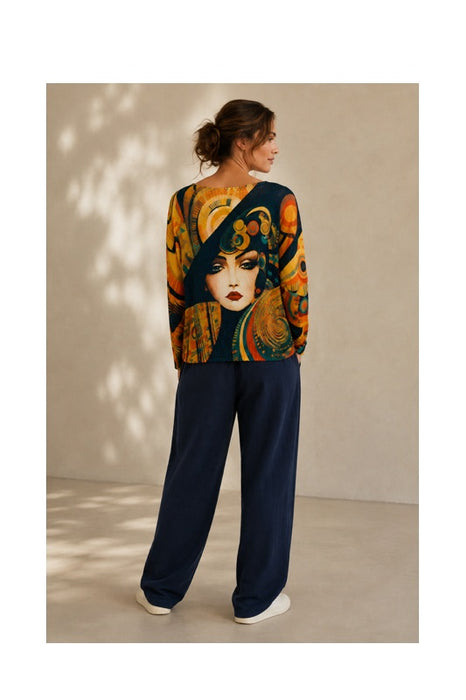 Pullover Polyester/Viskose Print Frau mit Hut multicolor - One Size