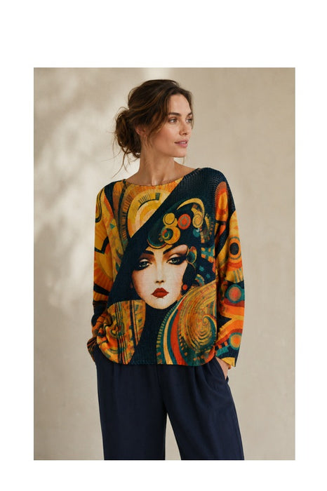 Pullover Polyester/Viskose Print Frau mit Hut multicolor - One Size
