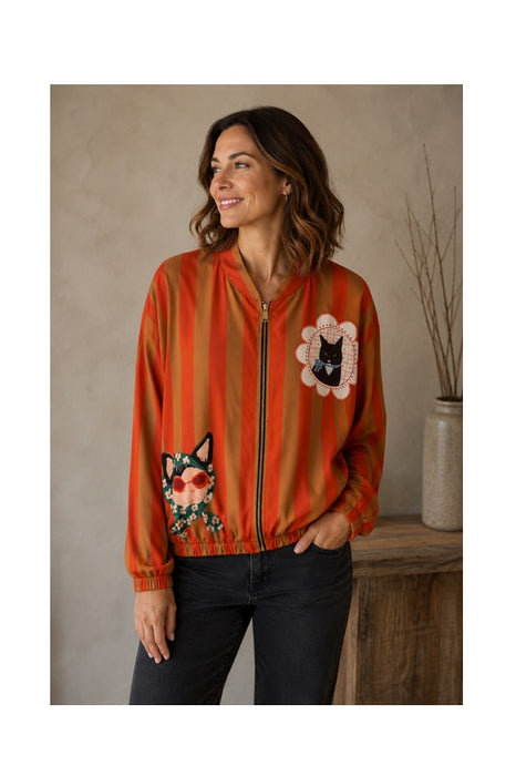 Bomber jacket orange with black cat - One Size