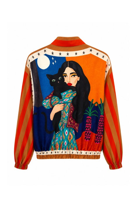 Bomber jacket orange with black cat - One Size