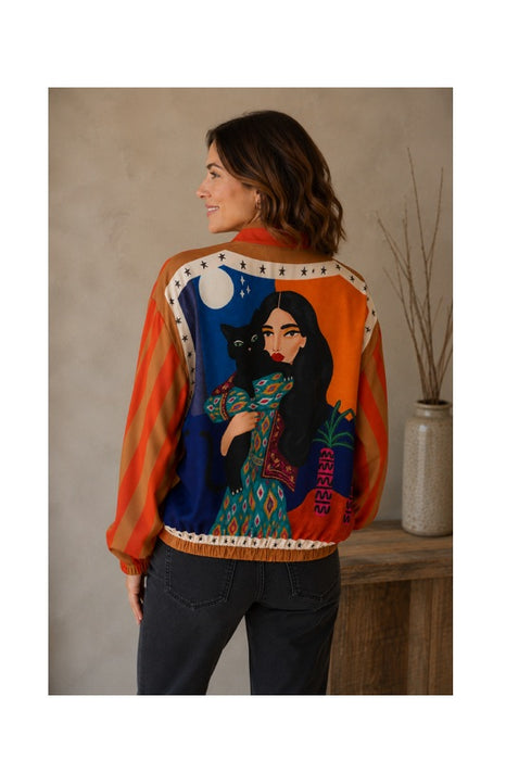 Bomber jacket orange with black cat - One Size