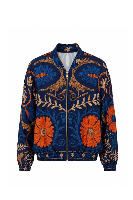 Bomberjacke blau Suzani Stickereien orange/blau/beige/camel  - One Size