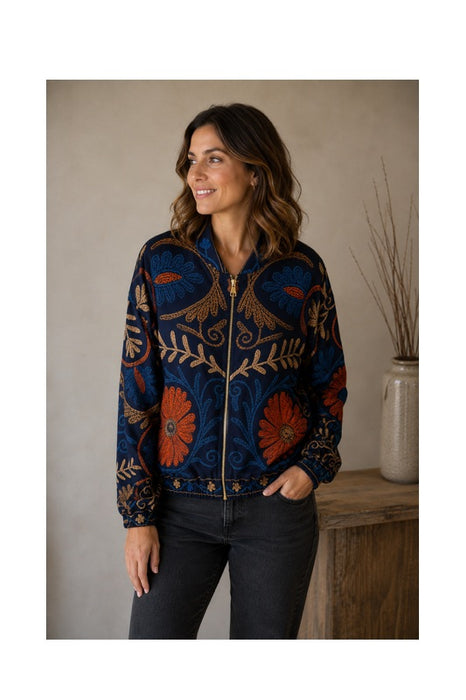 Bomberjacke blau Suzani Stickereien orange/blau/beige/camel  - One Size