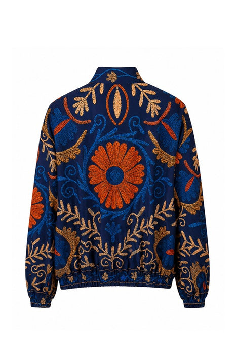 Bomberjacke blau Suzani Stickereien orange/blau/beige/camel  - One Size