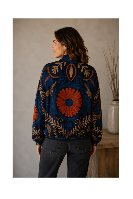 Bomberjacke blau Suzani Stickereien orange/blau/beige/camel  - One Size