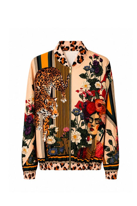 Bomber jacket beige Frida Kahlo with leopard and multicolor flowers - One Size