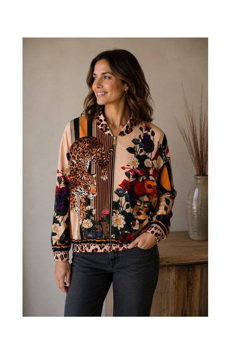 Bomber jacket beige Frida Kahlo with leopard and multicolor flowers - One Size