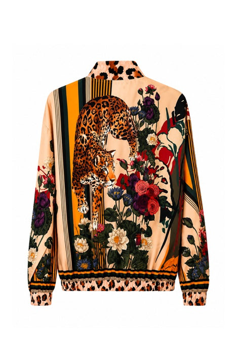 Bomber jacket beige Frida Kahlo with leopard and multicolor flowers - One Size