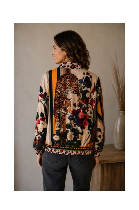 Bomber jacket beige Frida Kahlo with leopard and multicolor flowers - One Size