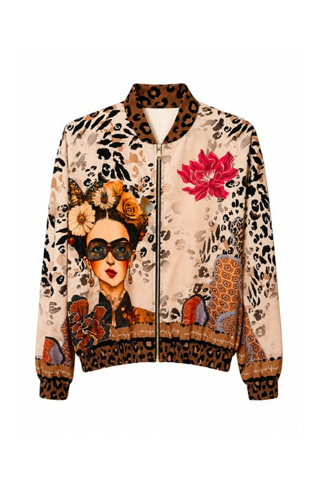 Bomber jacket beige Frida Kahlo with sunglasses and flowers red/yellow - One Size