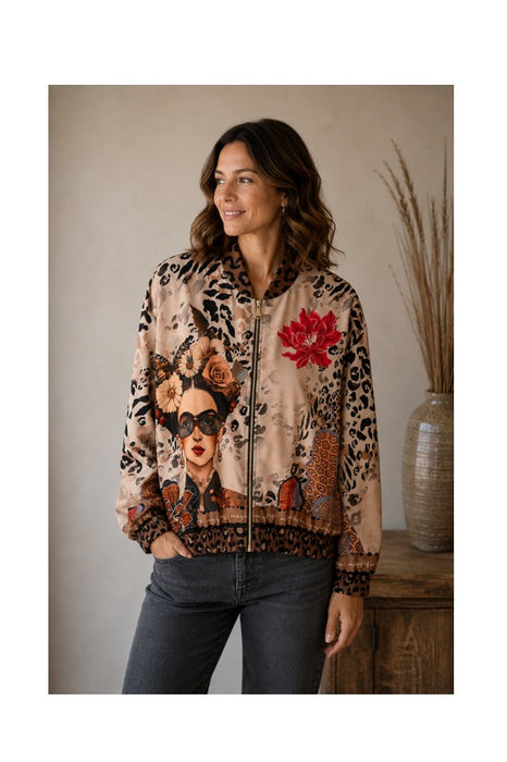 Bomber jacket beige Frida Kahlo with sunglasses and flowers red/yellow - One Size