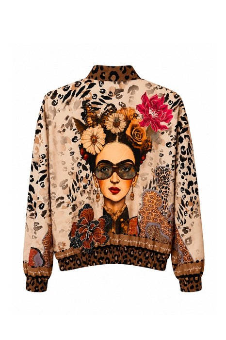 Bomber jacket beige Frida Kahlo with sunglasses and flowers red/yellow - One Size