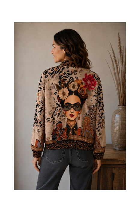 Bomber jacket beige Frida Kahlo with sunglasses and flowers red/yellow - One Size