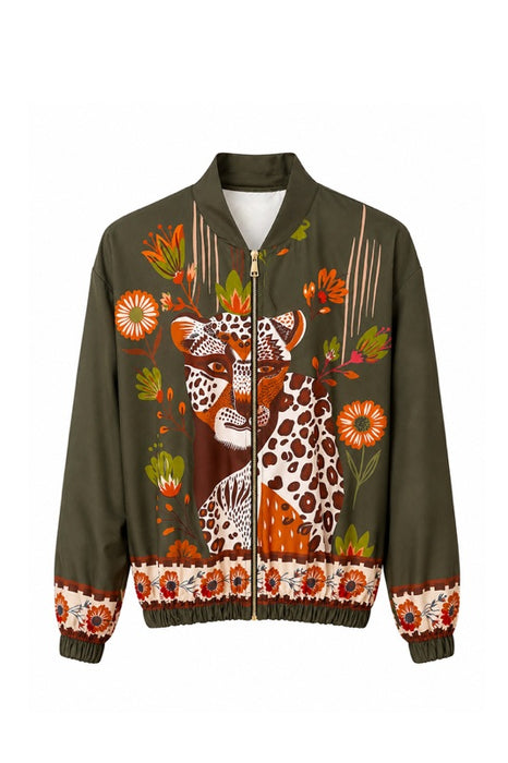 Bomber jacket khaki leopard with flowers brown/orange/green - One Size