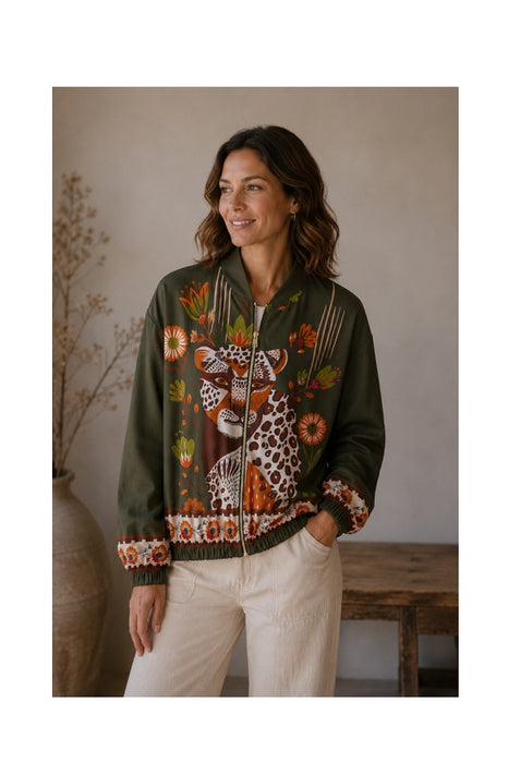 Bomber jacket khaki leopard with flowers brown/orange/green - One Size