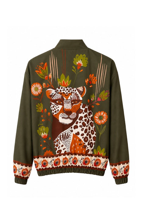 Bomber jacket khaki leopard with flowers brown/orange/green - One Size