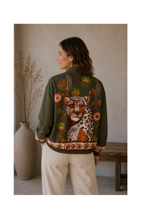 Bomber jacket khaki leopard with flowers brown/orange/green - One Size