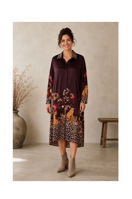 Shirt dress burgundy leopard and floral print multicolor - One Size