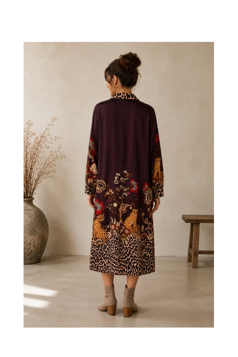 Shirt dress burgundy leopard and floral print multicolor - One Size