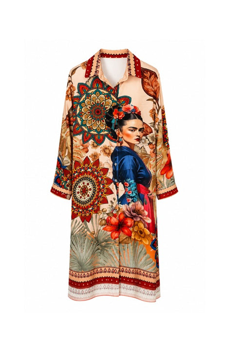 Hemdkleid Frida Kahlo mit Mandala und Blumenmuster multicolor - One Size