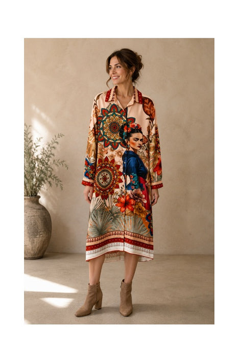 Hemdkleid Frida Kahlo mit Mandala und Blumenmuster multicolor - One Size