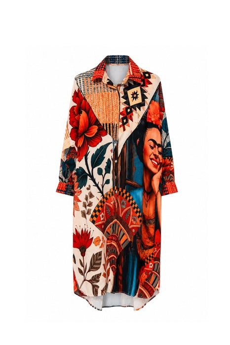 Shirt dress Frida Kahlo Smile with large floral motifs multicolored - One Size