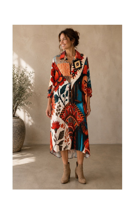 Shirt dress Frida Kahlo Smile with large floral motifs multicolored - One Size