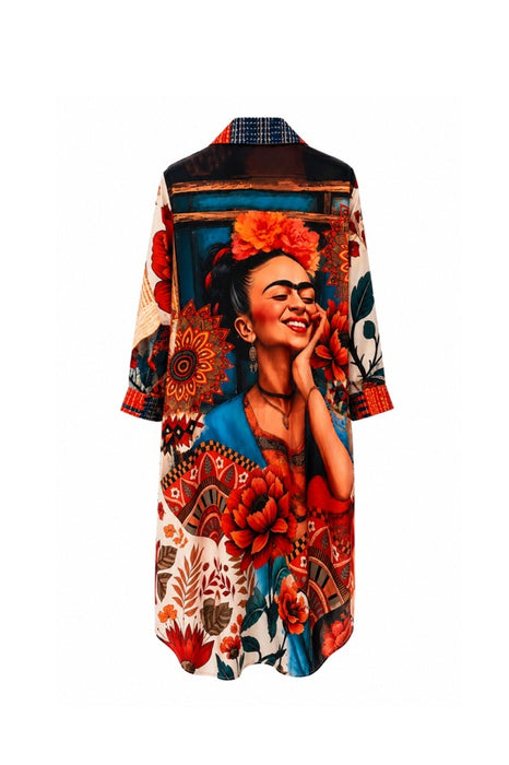 Shirt dress Frida Kahlo Smile with large floral motifs multicolored - One Size