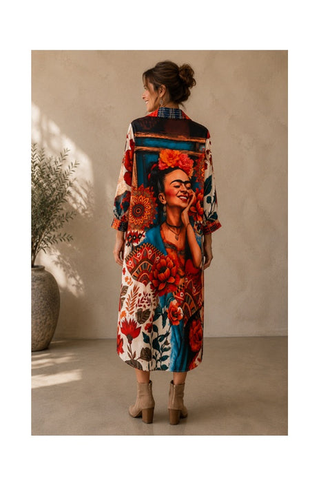 Shirt dress Frida Kahlo Smile with large floral motifs multicolored - One Size