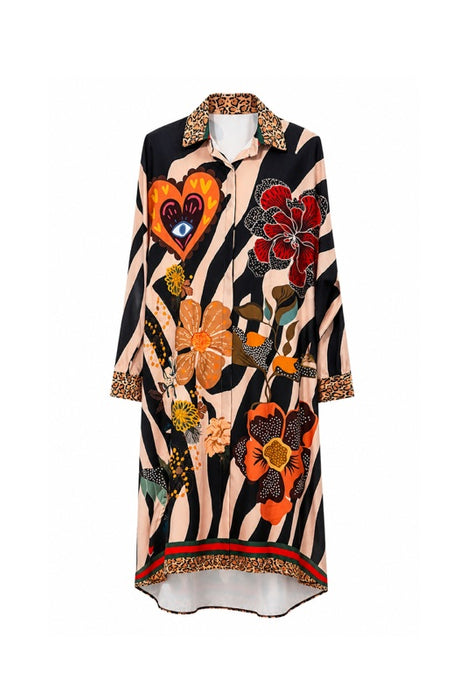 Hemdkleid Zebramuster mit Herz und Blumenmotiven multicolor - One Size
