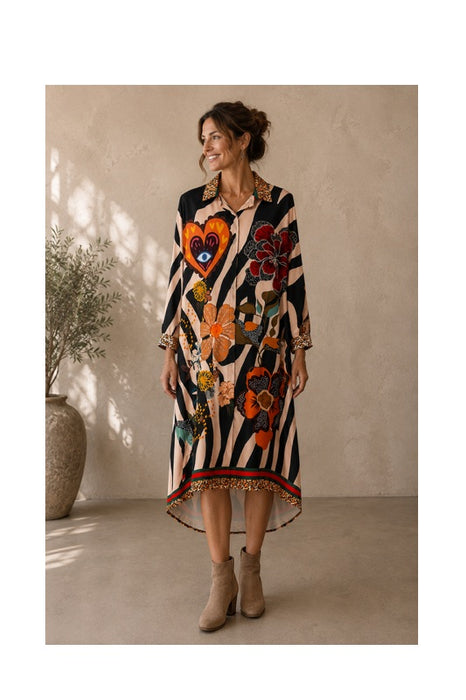Hemdkleid Zebramuster mit Herz und Blumenmotiven multicolor - One Size