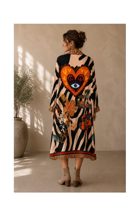 Hemdkleid Zebramuster mit Herz und Blumenmotiven multicolor - One Size