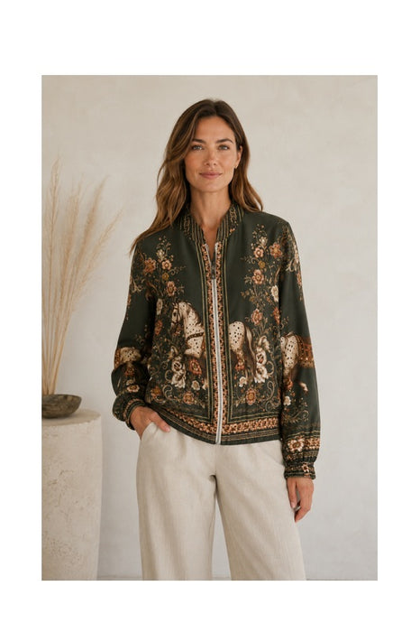 Silk/Viscose Horse Bomber Jacket khaki - One Size
