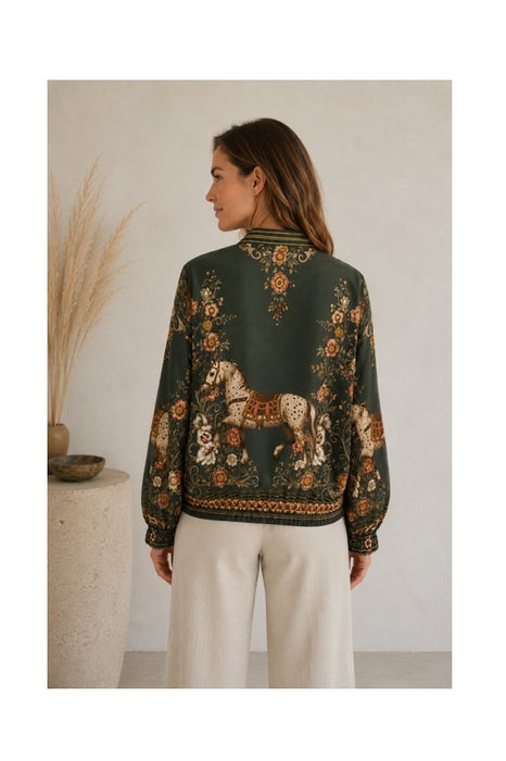 Silk/Viscose Horse Bomber Jacket khaki - One Size