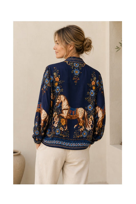 Bomber Jacket Silk/Viscose Horse Blue - One Size