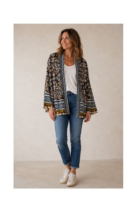 Jacke Seide/Viskose khaki mit Blumen multicolor - One Size