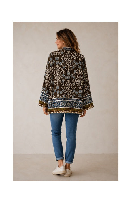 Jacke Seide/Viskose khaki mit Blumen multicolor - One Size