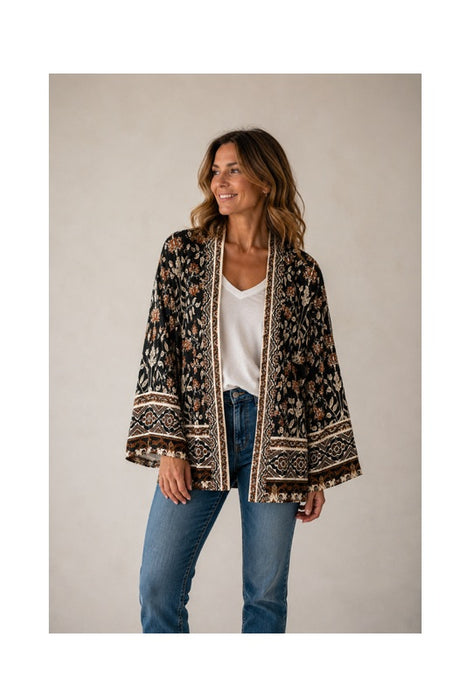 Jacke Seide/Viskose schwarz mit Blumen /multicolor - One Size