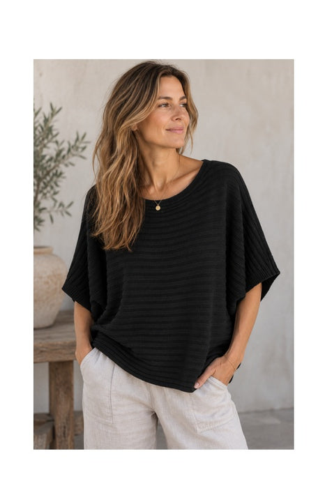 Strickpullover Viskose/Nylon/Polyester gerippt schwarz - One Size