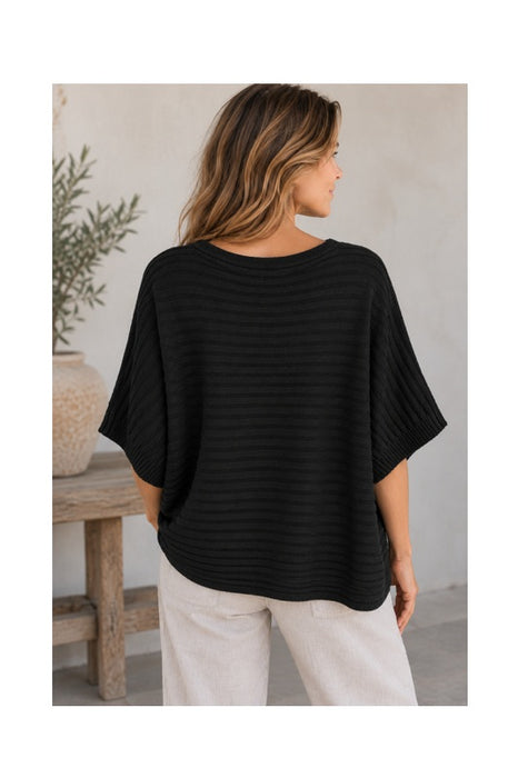 Strickpullover Viskose/Nylon/Polyester gerippt schwarz - One Size