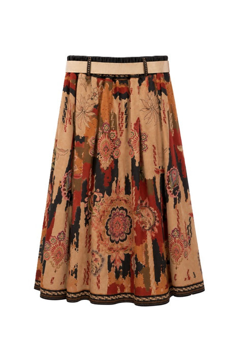 Jupe in Wildleder Optik beige/rot/schwarz mit Blumenmuster grün/rosa/multicolor - One Size